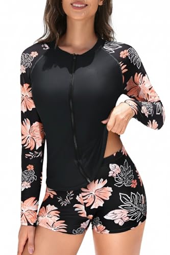 Holipick Black Floral Print 2 Piece Rash Guard for Women Long Sleeve Swimsuit with Shorts UPF 50 Zipper Swim Shirt XL