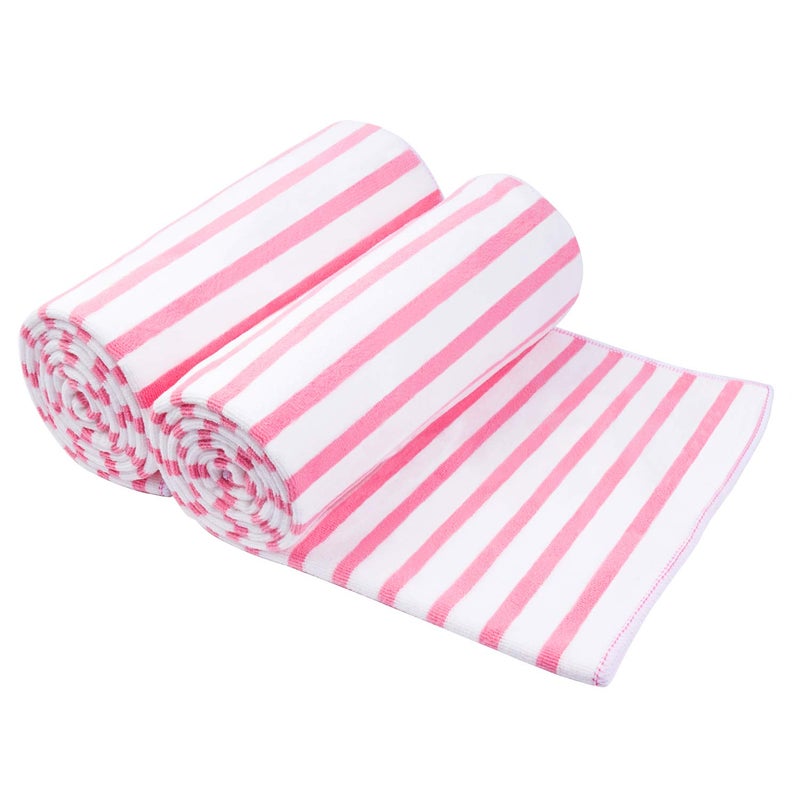 JML Microfiber Bath Towels Quick Drying Beach Towel 2 Pack 30 x 60 Cabana Stripe Absorbent Bath Towel Set for Adults Travel Summer Sport Swimming Pool Yoga Camping Microfiber StripePink
