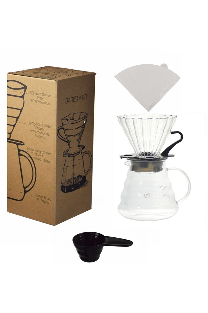 INVEIN V60 Coffee Dripper Set Size 02 – 4-Piece Kit with 600 ml Coffee Server, Size 02 Dripper, 100 Coffee Filters, and Measuring Spoon – Pour-Over Coffee Brewing Tools for 2–4 Cups - Image 1