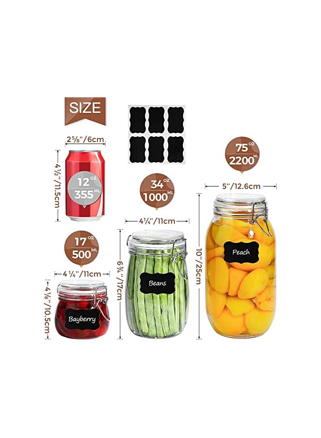S-TOP Airtight Glass Canister Set of 6 with Lids 17oz Food Storage Jar Round - Storage Container with Clear Preserving Seal Wire Clip Fastening for Kitchen Canning Cereal,Pasta,Sugar,Beans,Spice - Image 2