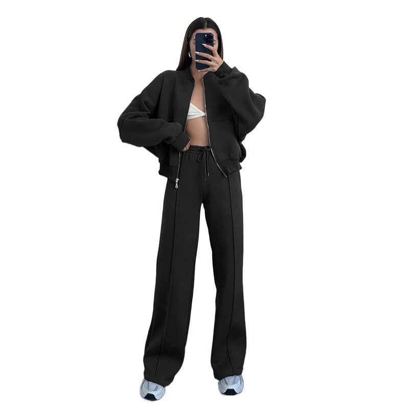 2024 autumn and winter new cross-border Europe and the United States solid color zipper cardigan sweater womens fashion casual straight pants suit Brown - Image 2