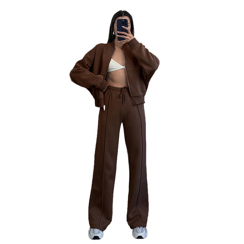 2024 autumn and winter new cross-border Europe and the United States solid color zipper cardigan sweater womens fashion casual straight pants suit Brown - Image 1