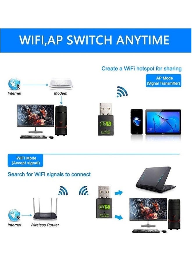 FLOWING USB WiFi Bluetooth Adapter, 600Mbps Dual Band 2.4/5Ghz Wireless Network External Receiver, Mini WiFi Dongle for PC/Laptop/Desktop - Image 5