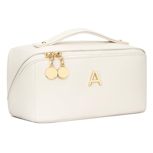 CLOUDWINGS Initial Makeup Bag Gifts for Women Bridesmaid Gifts Travel Toiletry Personalized PU Leather Waterproof Cosmetic Bag (Medium-Beige-A) - Image 1