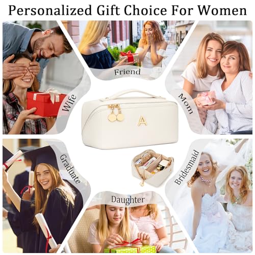 CLOUDWINGS Initial Makeup Bag Gifts for Women Bridesmaid Gifts Travel Toiletry Personalized PU Leather Waterproof Cosmetic Bag (Medium-Beige-A) - Image 4