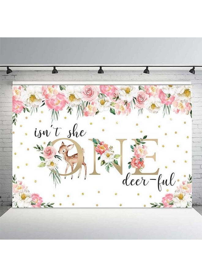 MEHOFOND 7X5Ft Deer Girl 1St First Birthday Backdrop Pink Floral Gold Confetti Isn'T She One Deer Ful Banner Sweet One Princess Party Decor Photobooth Supplies Cake Table Props  - Image 1