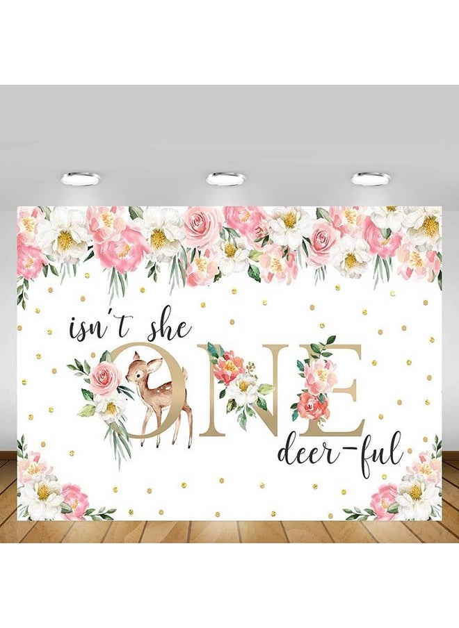 MEHOFOND 7X5Ft Deer Girl 1St First Birthday Backdrop Pink Floral Gold Confetti Isn'T She One Deer Ful Banner Sweet One Princess Party Decor Photobooth Supplies Cake Table Props  - Image 3