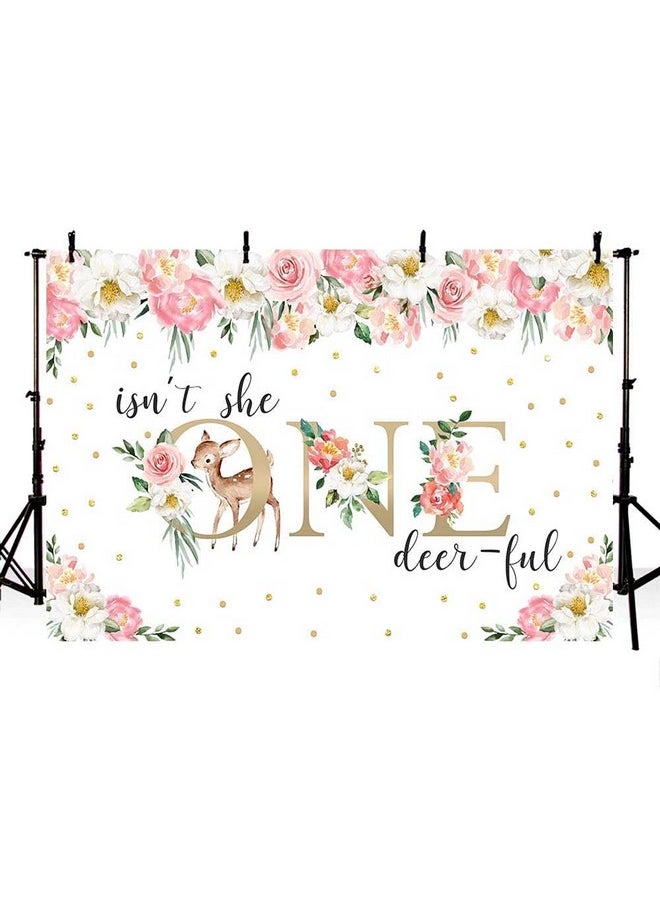 MEHOFOND 7X5Ft Deer Girl 1St First Birthday Backdrop Pink Floral Gold Confetti Isn'T She One Deer Ful Banner Sweet One Princess Party Decor Photobooth Supplies Cake Table Props  - Image 5