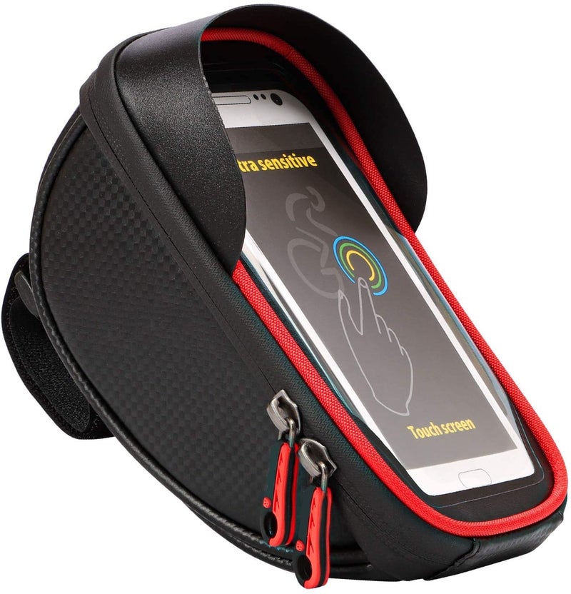 JERN Bike Phone Mount Bags - Premium Bicycle Front Frame Bag, Waterproof Bike Pouch Bag with Headphone Hole for Smartphone Below 6 inch - Grey/Red - Image 1