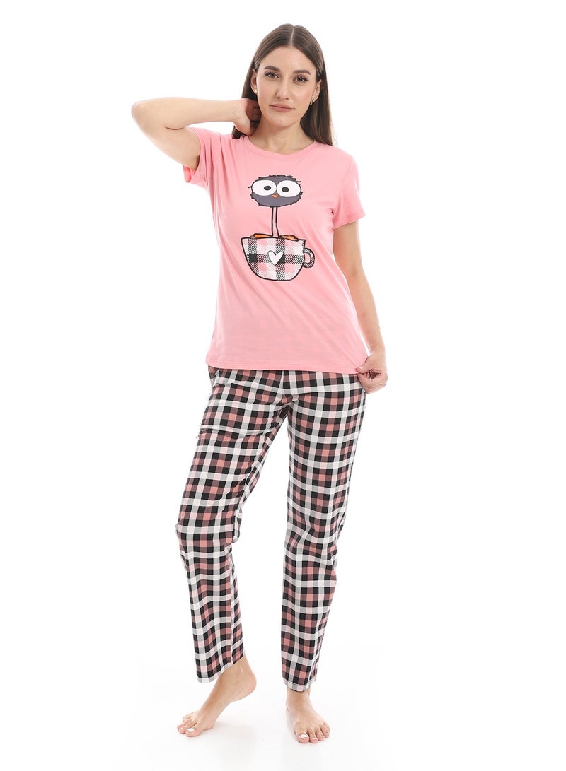 Andora Short Sleeves Cotton Pajama Set_Rose, Black & White - Image 1