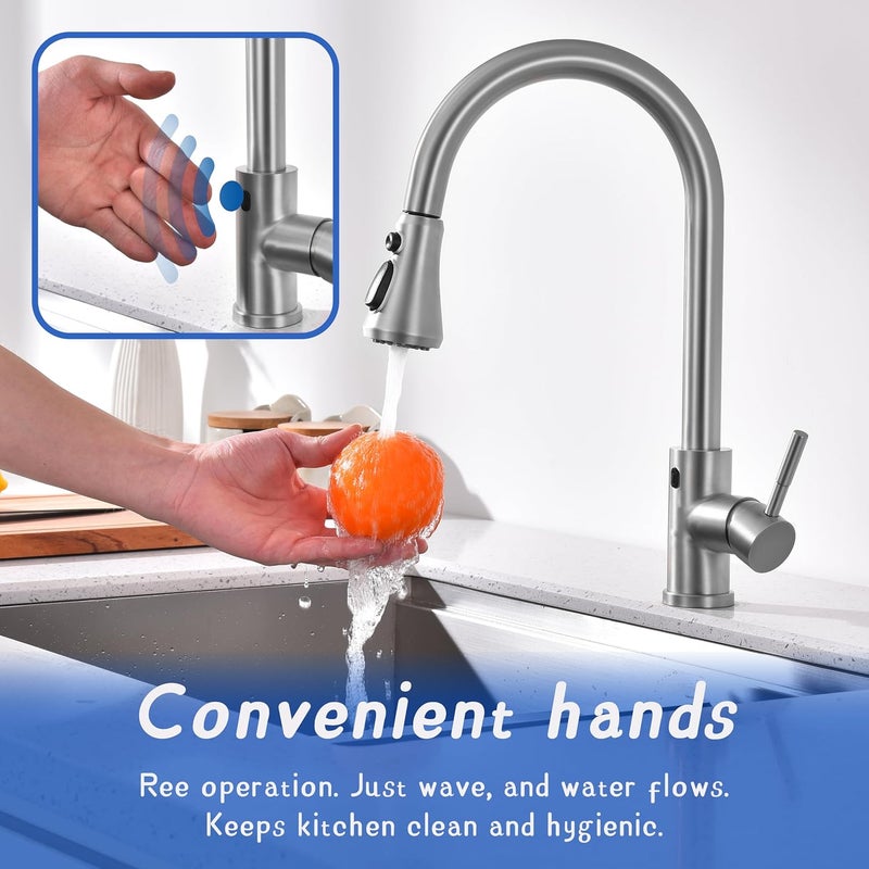 TUTEW Touchless Kitchen Faucet with Pull-Down Sprayer, Brushed Nickel Motion Sensor, Spot Resist Stainless Steel, Single Handle, 3 Spray Modes - Image 2