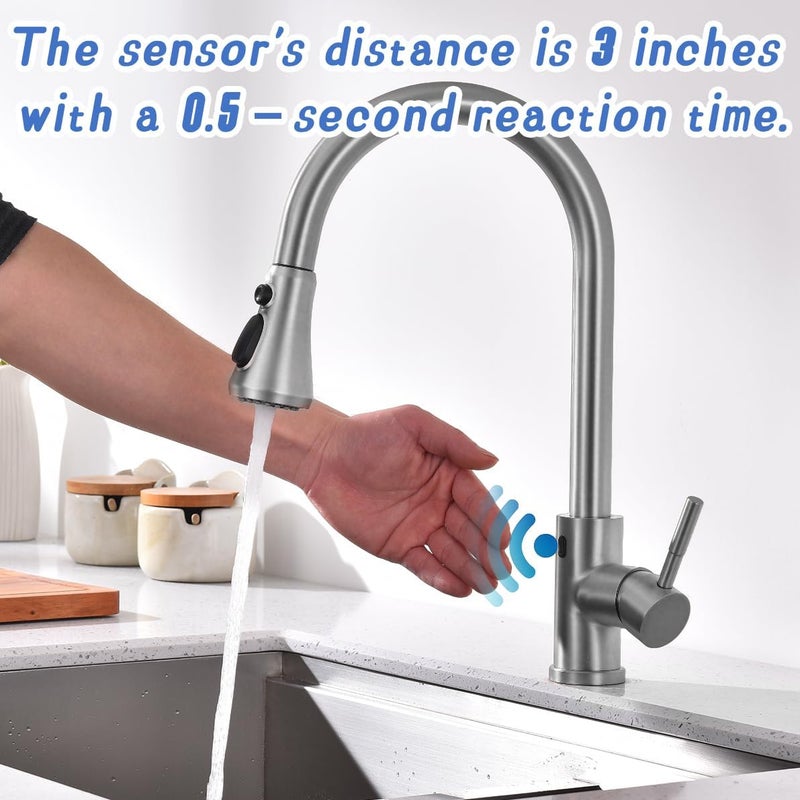 TUTEW Touchless Kitchen Faucet with Pull-Down Sprayer, Brushed Nickel Motion Sensor, Spot Resist Stainless Steel, Single Handle, 3 Spray Modes - Image 4