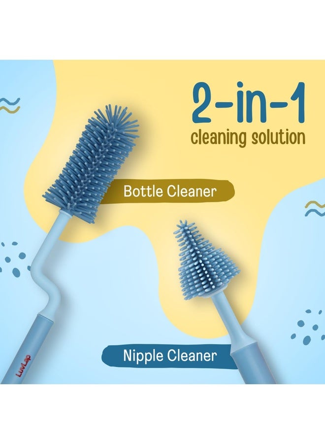 Luvlap 360° Movable Silicone Bristle Baby Feeding Bottle Cleaning Brush & Nipple Cleaner, Ergonomic Handle, Easy to Clean Bottle Corners for Narrow Neck & Wide Neck Feeding Bottles, Blue - Image 2