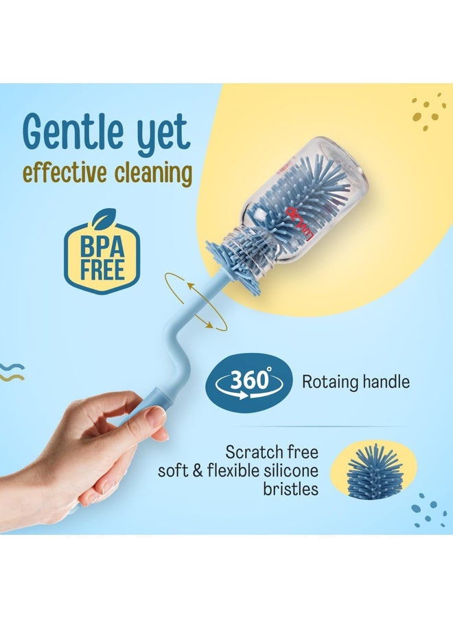 Luvlap 360° Movable Silicone Bristle Baby Feeding Bottle Cleaning Brush & Nipple Cleaner, Ergonomic Handle, Easy to Clean Bottle Corners for Narrow Neck & Wide Neck Feeding Bottles, Blue - Image 3