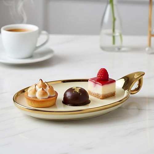 Lemon Tree Ceramic Round Serving Platter with Golden Rim & Hook Shape Handle | Ideal for Serving Snacks, Desserts, Fruits & Salads (Cream) - Image 2