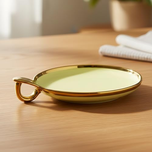 Lemon Tree Ceramic Round Serving Platter with Golden Rim & Hook Shape Handle | Ideal for Serving Snacks, Desserts, Fruits & Salads (Cream) - Image 3