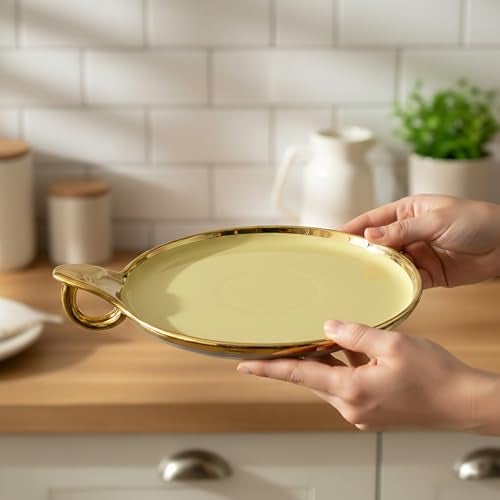 Lemon Tree Ceramic Round Serving Platter with Golden Rim & Hook Shape Handle | Ideal for Serving Snacks, Desserts, Fruits & Salads (Cream) - Image 1