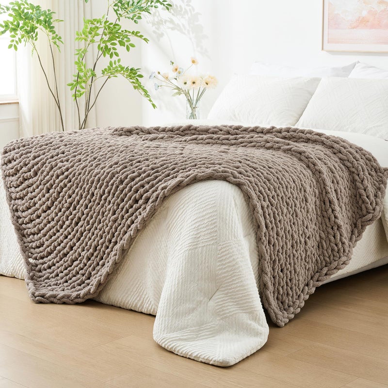 Bigacogo Chunky Knit Throw Blanket for Couch 51x63 inches 100 Hand Knitted with Thick Jumbo Chenille Yarn Cozy Soft Large Rope Knot Cable Crochet Blankets for Sofa Bed Living Room Taupe