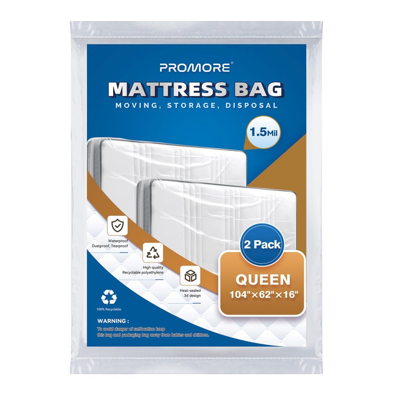 Promore 2Pk Queen Plastic Mattress Bag For Disposal  Clear Mattress Covers For Moving Or Storage  Christmas Tree Removal&Storage Bag (1.5Mil Queen Size 104 ""X62 ""X16 "") - Image 1