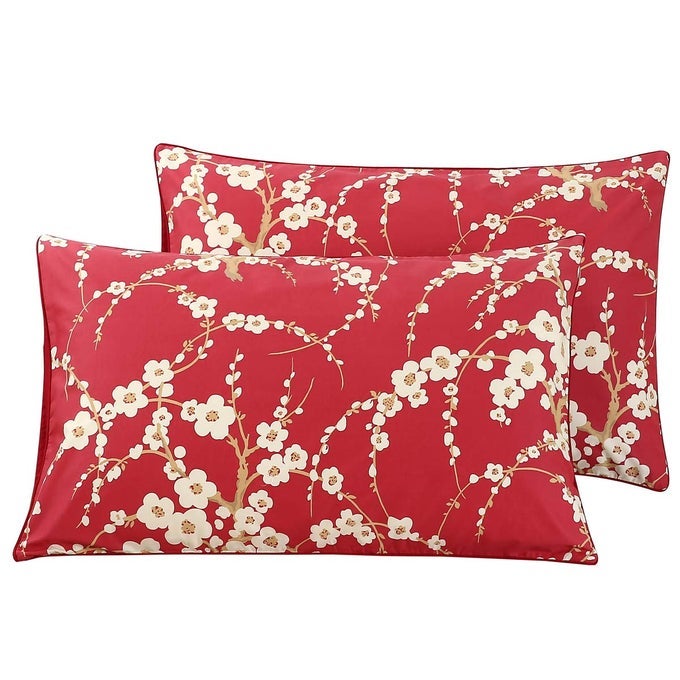 100 COTTON PILLOWCASES SET OF 2 FLORAL PRINTED PILLOW CASE BEIGE PLUM BLOSSOM ON RED PILLOW COVER QUEEN 20X30