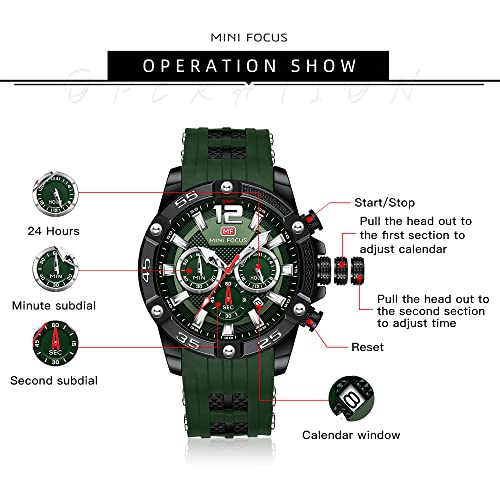 MF MINI FOCUS MINI Focus Men Watches Unique Casual Wristwatch (Chronograph/Waterproof/Luminous/Calendar/24 Hours) Silicon Band Fashion Watches for Men (Green) - Image 5