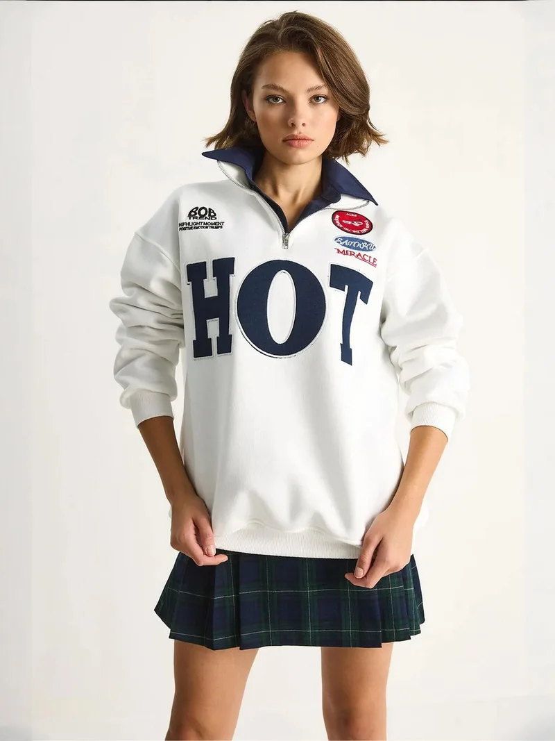 Bianco Lucci LUCCI Oversized Half-Zip Text Print Sweatshirt