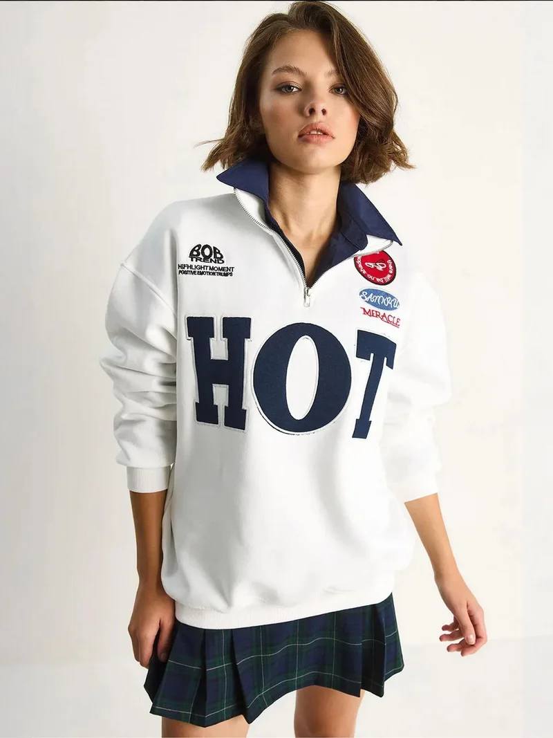 Bianco Lucci LUCCI Oversized Half-Zip Text Print Sweatshirt