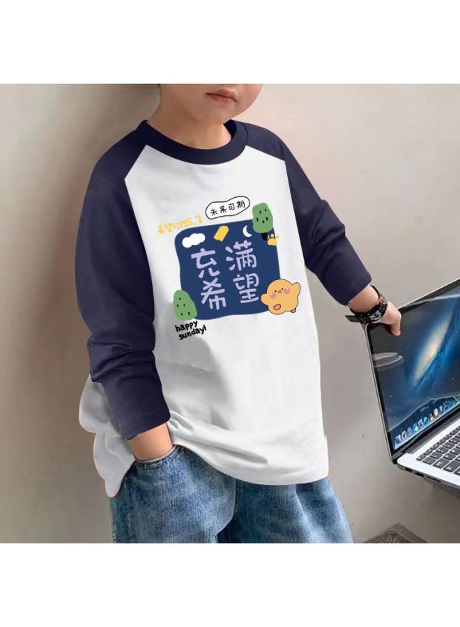 Boys' Long-sleeve T-shirt Spring And Autumn Baby Pure Cotton T-shirt For Older Children Popular Color-blocking Base Shirt Trendy