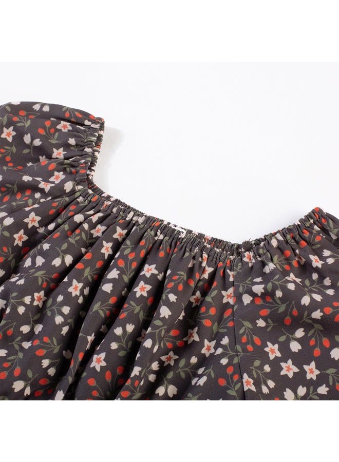 GRACE KARIN Girls Fall Dress Floral Long Sleeve Midi with Smocked Waist for Holiday Party 6-14Y, Brown, 12 Years - Image 3