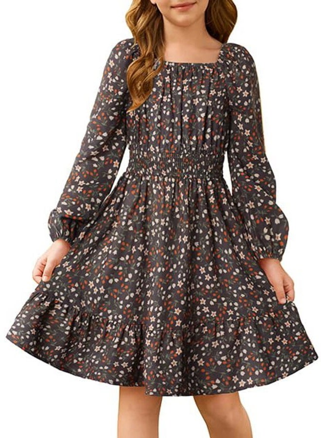 GRACE KARIN Girls Fall Dress Floral Long Sleeve Midi with Smocked Waist for Holiday Party 6-14Y, Brown, 12 Years - Image 1