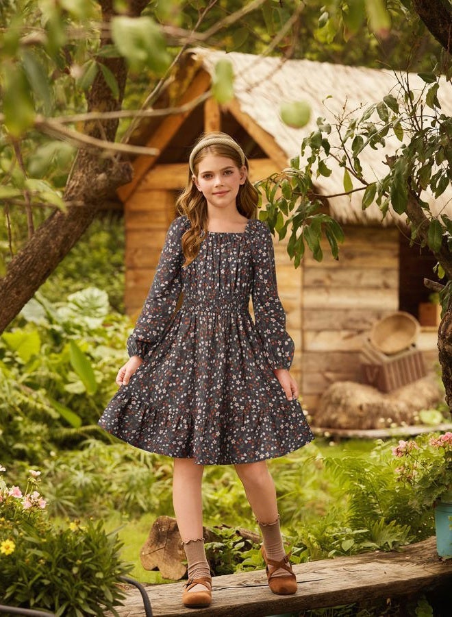 GRACE KARIN Girls Fall Dress Floral Long Sleeve Midi with Smocked Waist for Holiday Party 6-14Y, Brown, 12 Years - Image 2