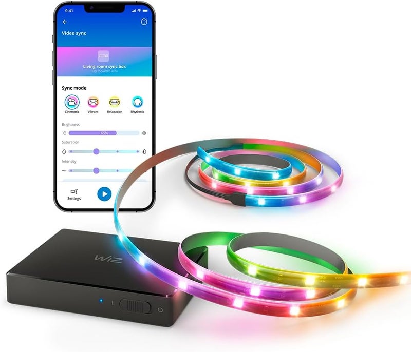 صندوق مزامنة WiZ HDMI مع إضاءة التلفزيون، مزامنة الضوء مع الأفلام/الألعاب وغيرها. يدعم HDMI 2.0، 4K بمعدل 60 هرتز، شريط LED RGBIC لأجهزة التلفزيون مقاس 75-85-75 بوصة، التحكم بالتطبيق/الصوت مع Google وAlexa - Image 1