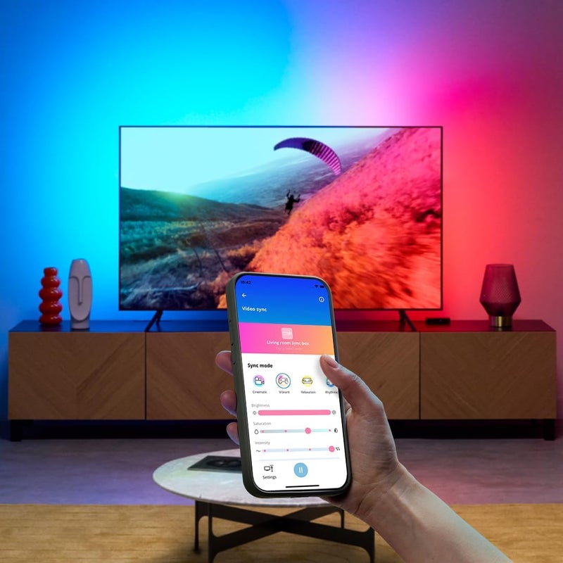 صندوق مزامنة WiZ HDMI مع إضاءة التلفزيون، مزامنة الضوء مع الأفلام/الألعاب وغيرها. يدعم HDMI 2.0، 4K بمعدل 60 هرتز، شريط LED RGBIC لأجهزة التلفزيون مقاس 75-85-75 بوصة، التحكم بالتطبيق/الصوت مع Google وAlexa - Image 4