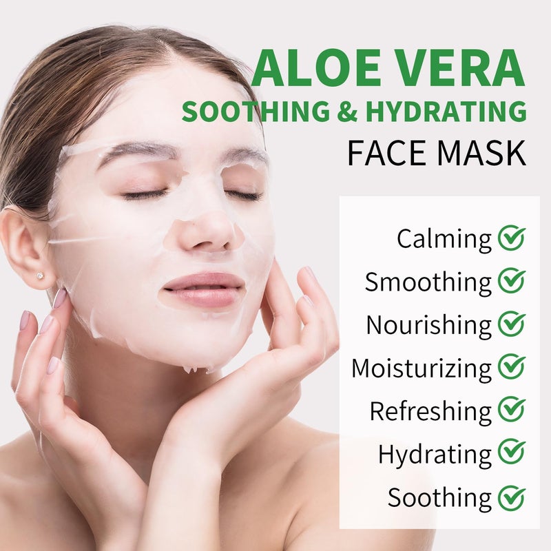 IREV Aloe Vera Soothing Mask Hydrating Face Masks Skincare Moisturizing Facial Sheet Mask Skin care for Dry, Oily, Sensitive Skin Face Mask for Acne, Sun Care, Calming, Refreshing 25ml/0.88oz, 10 Pack - Image 2