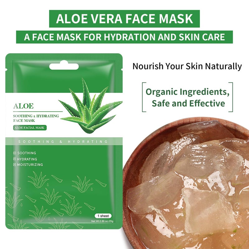 IREV Aloe Vera Soothing Mask Hydrating Face Masks Skincare Moisturizing Facial Sheet Mask Skin care for Dry, Oily, Sensitive Skin Face Mask for Acne, Sun Care, Calming, Refreshing 25ml/0.88oz, 10 Pack - Image 3
