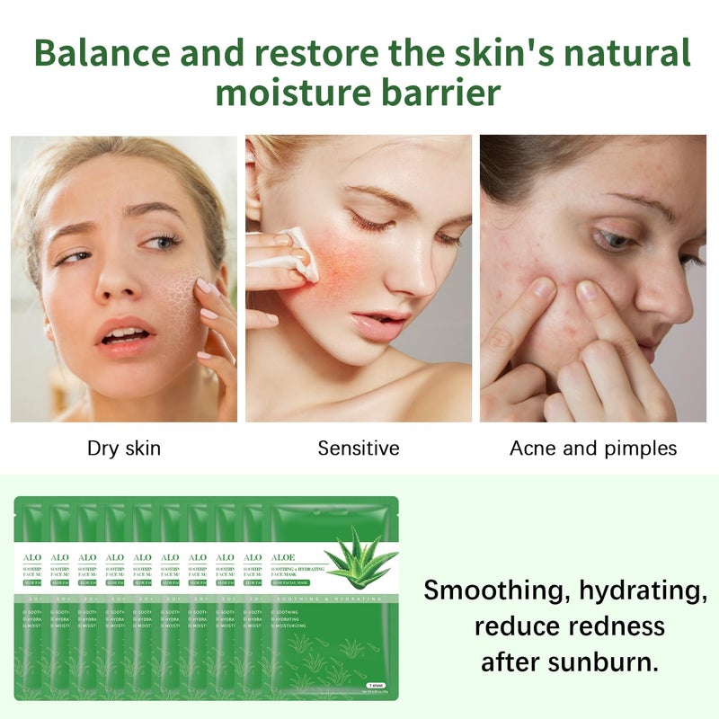IREV Aloe Vera Soothing Mask Hydrating Face Masks Skincare Moisturizing Facial Sheet Mask Skin care for Dry, Oily, Sensitive Skin Face Mask for Acne, Sun Care, Calming, Refreshing 25ml/0.88oz, 10 Pack - Image 5