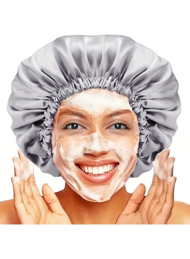 Amamba Shower cap for women,Luxury Silk Lined Shower Cap, Machine Washable, Adjustable Size & Reusable,Large Satin Shower Cap for all hair-gray - Image 1