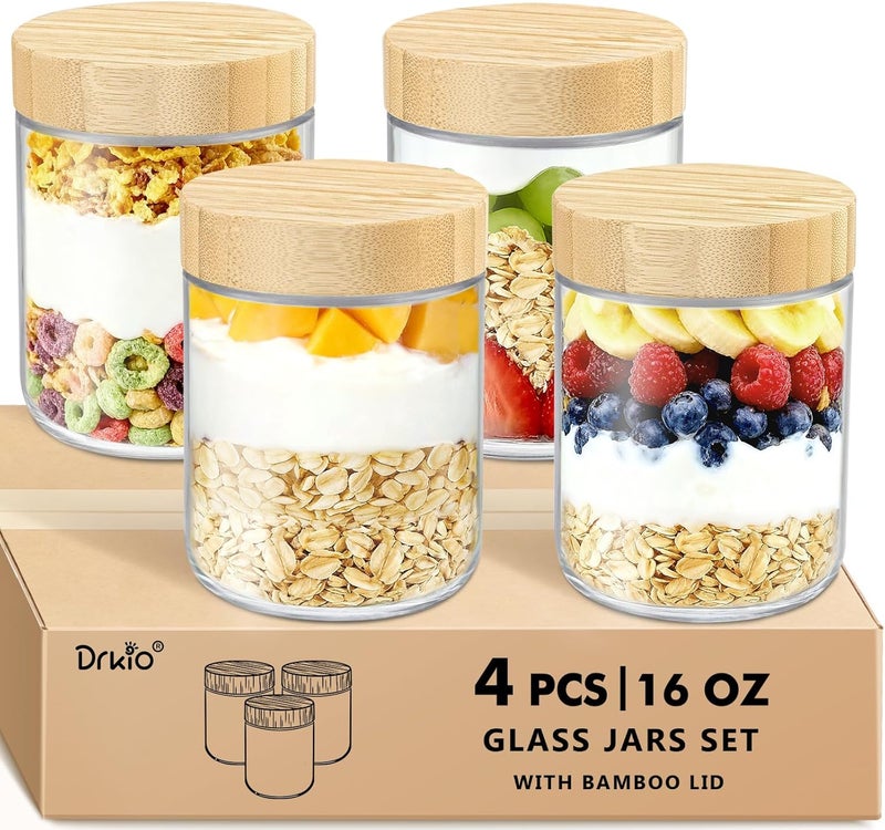 DRKIO 16 Oz Overnight Oats Containers with Bamboo Lids - 4 Pack Glass Storage Jars with Airtight Lids Wide Mouth Mason Food Jars Great for Meal Prep Salad Chia Pudding Snacks Yogurt Sugar Spice Cereal - Image 1