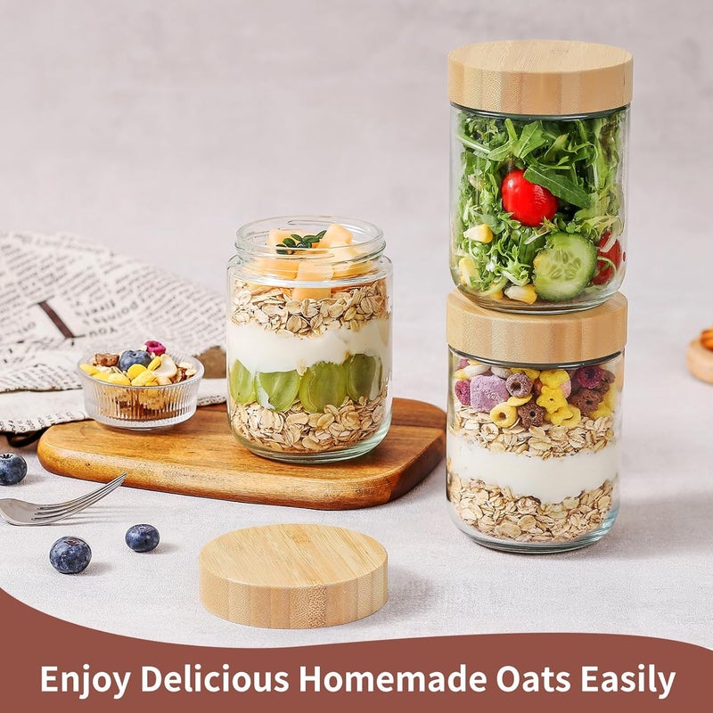 DRKIO 16 Oz Overnight Oats Containers with Bamboo Lids - 4 Pack Glass Storage Jars with Airtight Lids Wide Mouth Mason Food Jars Great for Meal Prep Salad Chia Pudding Snacks Yogurt Sugar Spice Cereal - Image 4