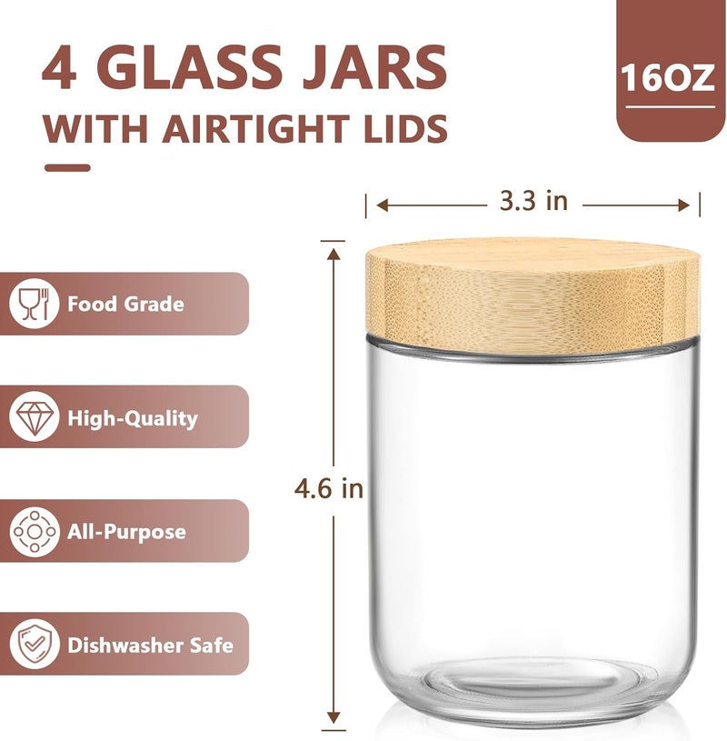 DRKIO 16 Oz Overnight Oats Containers with Bamboo Lids - 4 Pack Glass Storage Jars with Airtight Lids Wide Mouth Mason Food Jars Great for Meal Prep Salad Chia Pudding Snacks Yogurt Sugar Spice Cereal - Image 2
