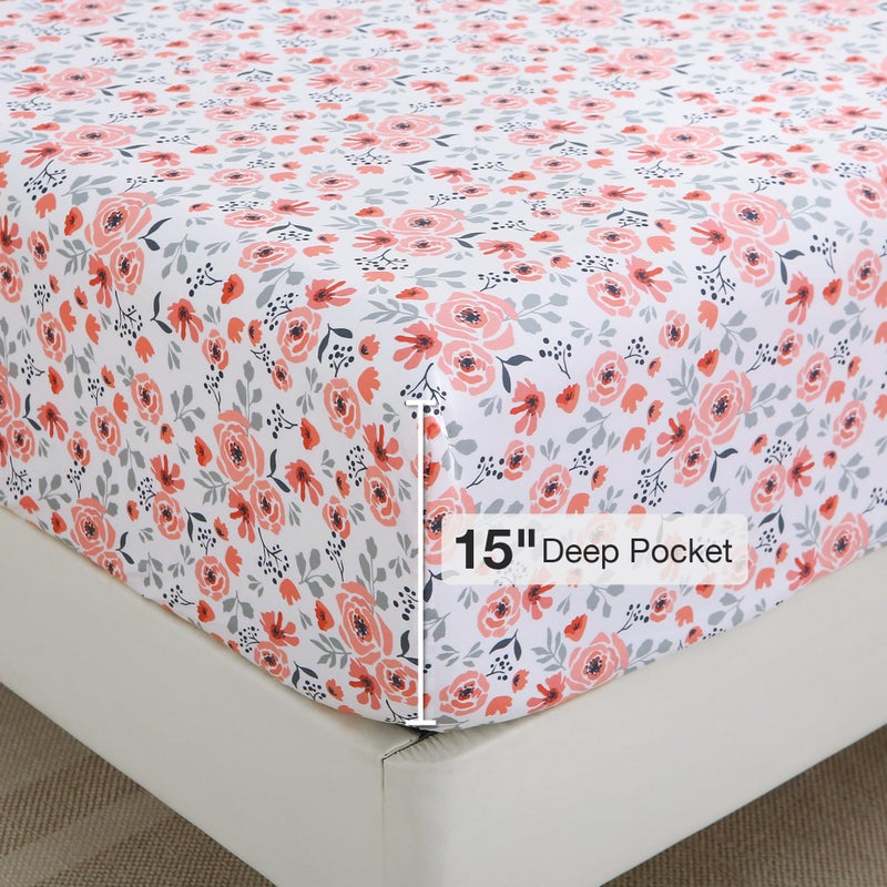 Viviland Floral Twin Sheet Set - 3 Piece Orange Pink Rose Patterned Bed Sheets - Soft, Breathable Microfiber Sheets with Deep Pocket, Non-Slip Fitted Sheets & Pillowcases - Image 3