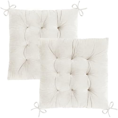 MissSoul 2 Pack Square Seat Cushions - Velvet & Slow-Rebound Foam Chair Pads Chair Pillow Cushion with Anti-Slip Ties for Kitchen, Dining, Office Chairs, Tatami (16"x16", Ivory) - Image 1