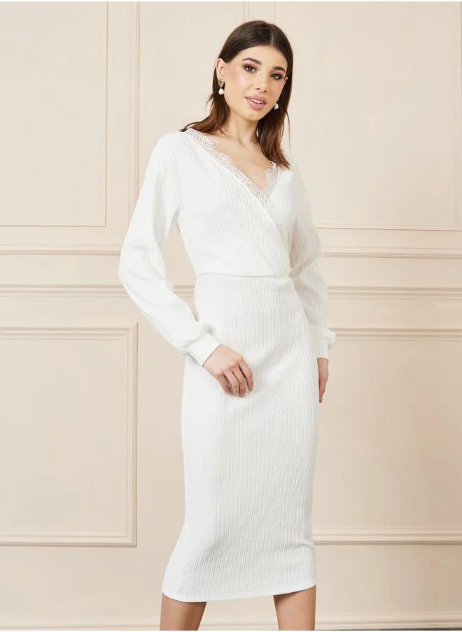 ستايلي Lace Trim Neck Textured Bodycon Dress