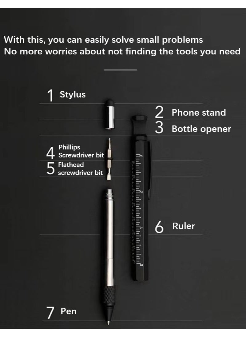 Generic - 2 Pieces of 7 in 1 Multi-Function Tool Pens: Phone Stand, Metal Ballpoint Pen, Scale Ruler, Handwriting Pen, Bottle Opener, Touch Screen Pen - Image 1