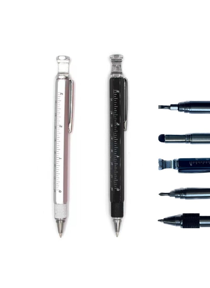 Generic - 2 Pieces of 7 in 1 Multi-Function Tool Pens: Phone Stand, Metal Ballpoint Pen, Scale Ruler, Handwriting Pen, Bottle Opener, Touch Screen Pen - Image 1