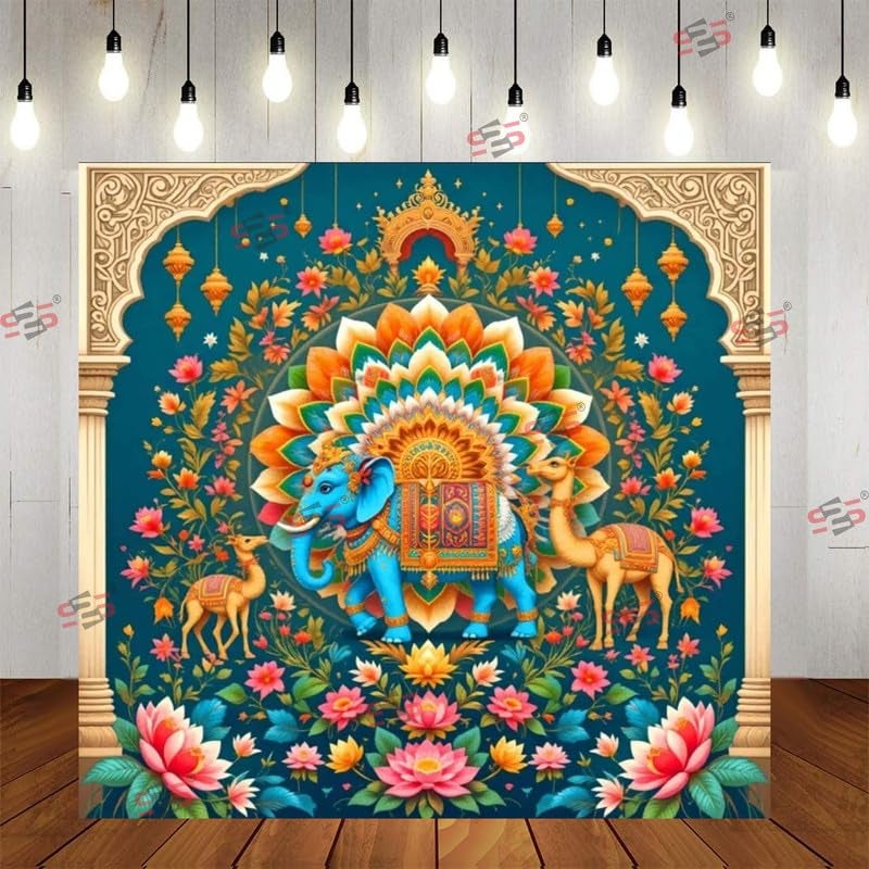 S2S Elephant Backdrop Cloth for Pooja Decoration Traditional, Background Decoration Cloth | Curtain Cloth for Festival, Functions & Ceremonies - (5 x 5 Feet) (Elephant) - Image 1