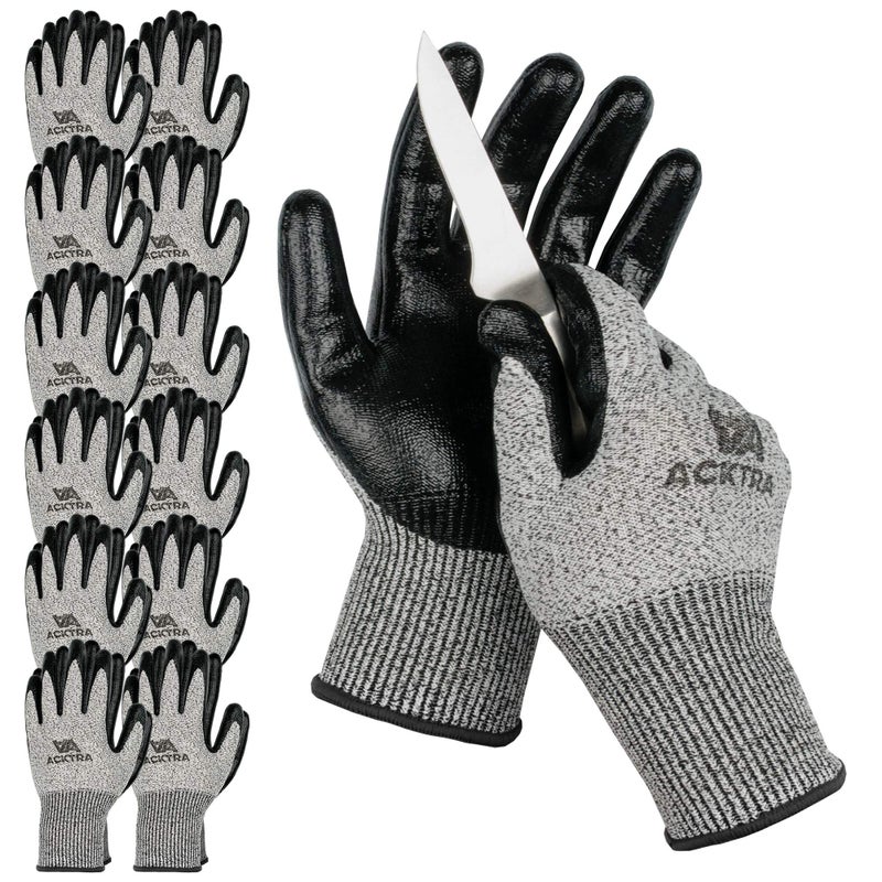 ACKTRA WG012 Level 5 Cut Resistant All Purpose Safety WORK GLOVES 12 pairs Durable Nitrile Coated Comfort Fit EN 388 for Men and Women XLarge