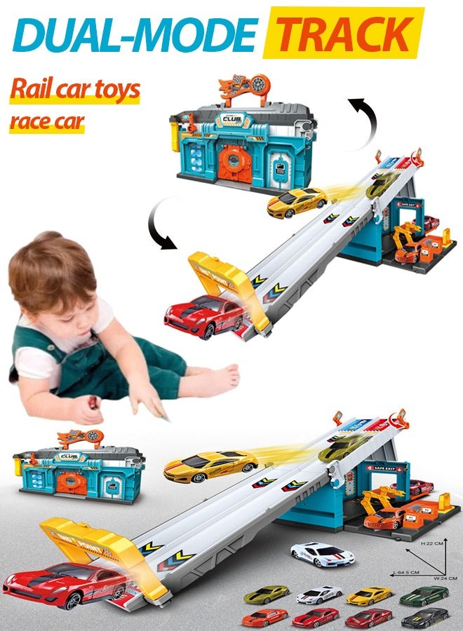Die-Cast Vehicles, Storage & Ejection Competitive Track Parking Lot, Race Car Track Toy Truck Set with Foldable Race Tracks, Transport Car Carrier for Toddlers, Cars Toy Set Container Truck with 4 Alloy Cars, Vehicles Toy Set for 3+ Kids Boys & Girls  - Image 1