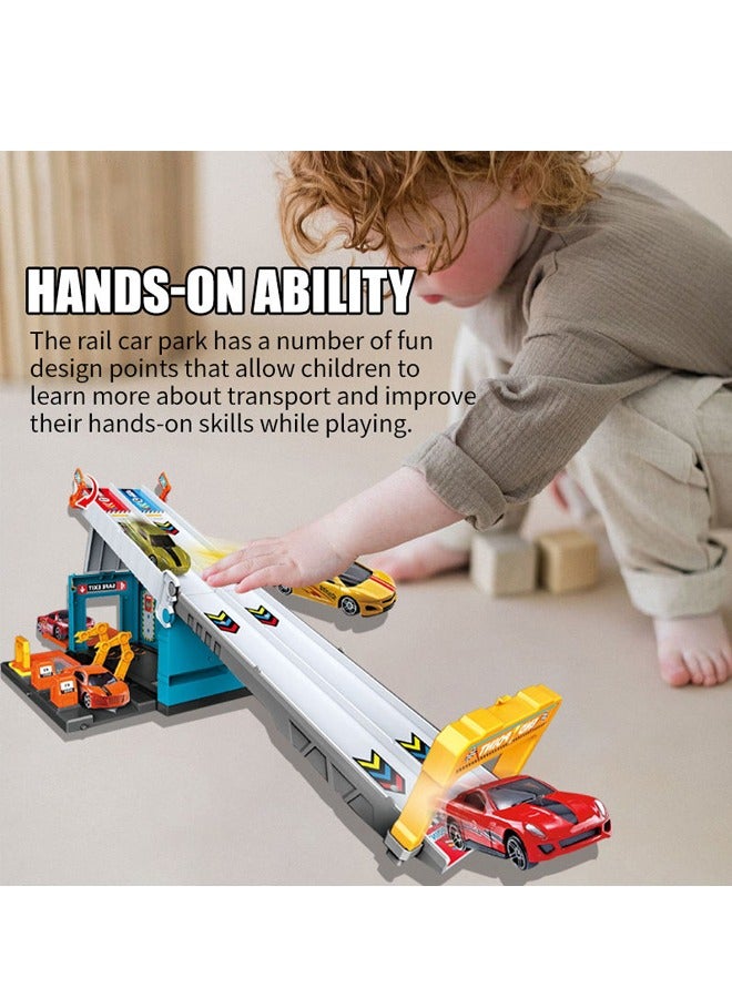 Die-Cast Vehicles, Storage & Ejection Competitive Track Parking Lot, Race Car Track Toy Truck Set with Foldable Race Tracks, Transport Car Carrier for Toddlers, Cars Toy Set Container Truck with 4 Alloy Cars, Vehicles Toy Set for 3+ Kids Boys & Girls  - Image 3