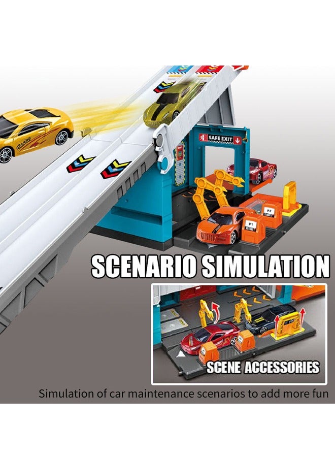 Die-Cast Vehicles, Storage & Ejection Competitive Track Parking Lot, Race Car Track Toy Truck Set with Foldable Race Tracks, Transport Car Carrier for Toddlers, Cars Toy Set Container Truck with 4 Alloy Cars, Vehicles Toy Set for 3+ Kids Boys & Girls  - Image 5